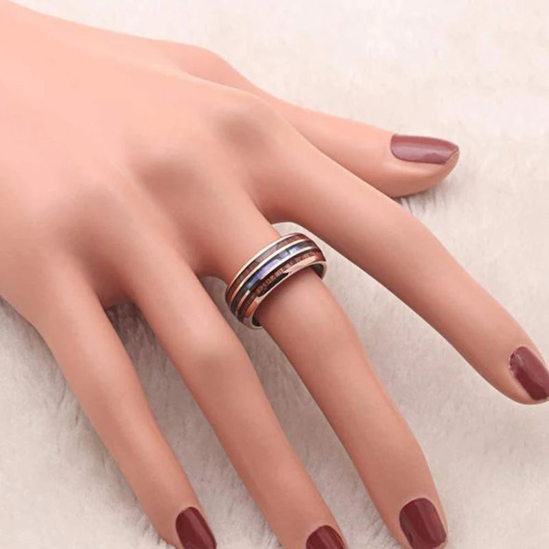 2025 Trendy 8mm Black Titanium Wedding Stainless Steel Rings For Men Inlay Colorful Abalone Shell Ring Men Wedding Band Jewelry