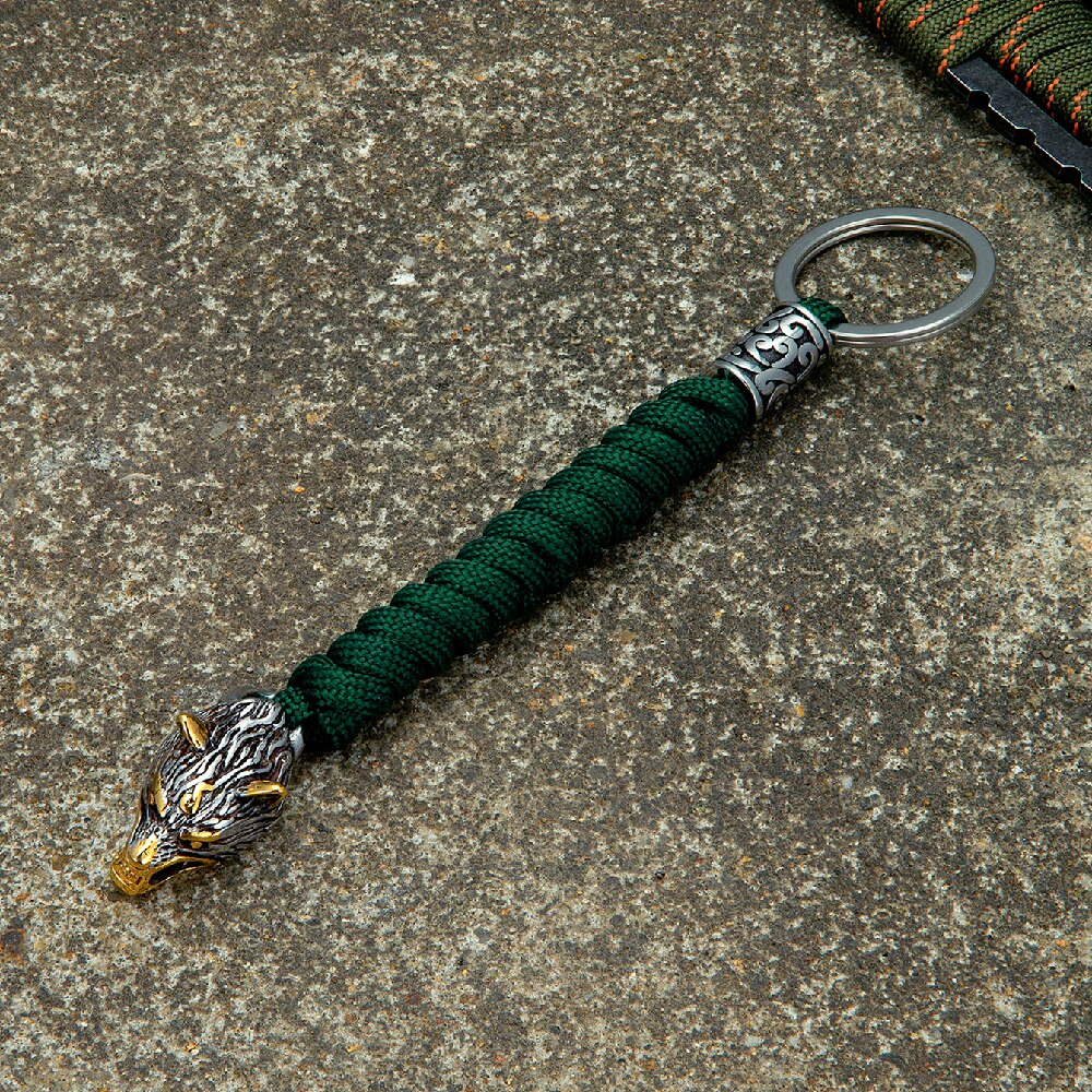 Vintage Wolf Head Keychains Vikings Pendant Stainless Steel Lanyard Rope Survival Keyring Handmade Male Backpack Key Ring Gold Green