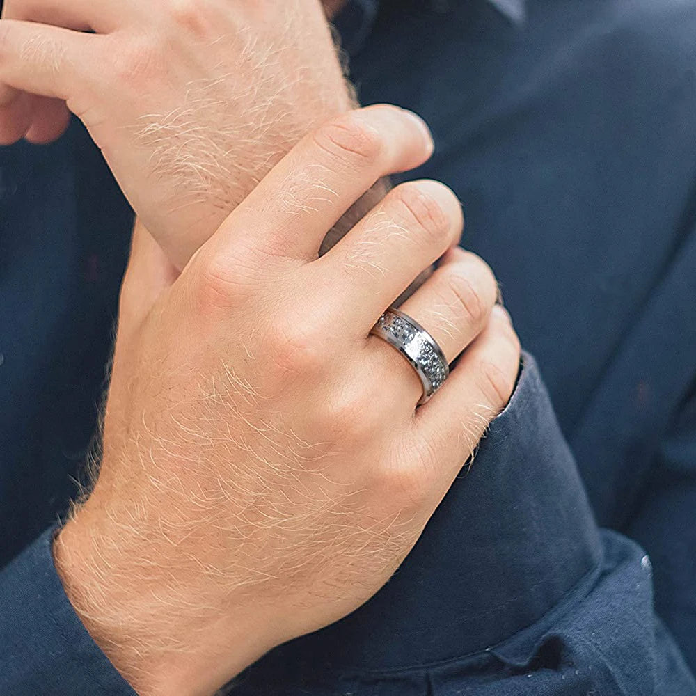 Classic Men's 8mm Black Tungsten Wedding Rings Double Groove Beveled Edge Brick Pattern Brushed Stainless Steel Rings For Men