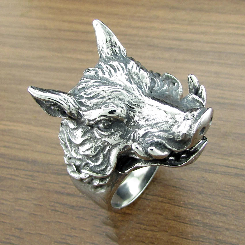 Punk Silver Color 316L Stainless Steel  Men's Wild Boar Head Ring Animal Jewelry For Gift