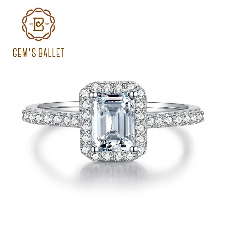 GEM'S BALLET Moissanite Rings 1.0Ct 5*7mm Emerald Cut Halo Moissanite Engagemeng 925 Sterling Silver Wedding Ring For Women