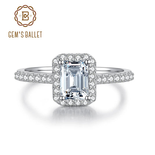 GEM'S BALLET Moissanite Rings 1.0Ct 5*7mm Emerald Cut Halo Moissanite Engagemeng 925 Sterling Silver Wedding Ring For Women