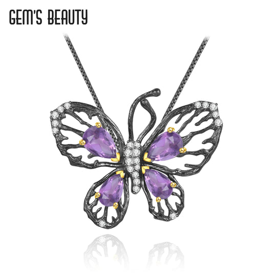 GEM'S BEAUTY 925 Sterling Silver Necklace For Women 2021 Natural Pear Cut Amethyst Handmade Butterfly Pendant Anniversary Gift
