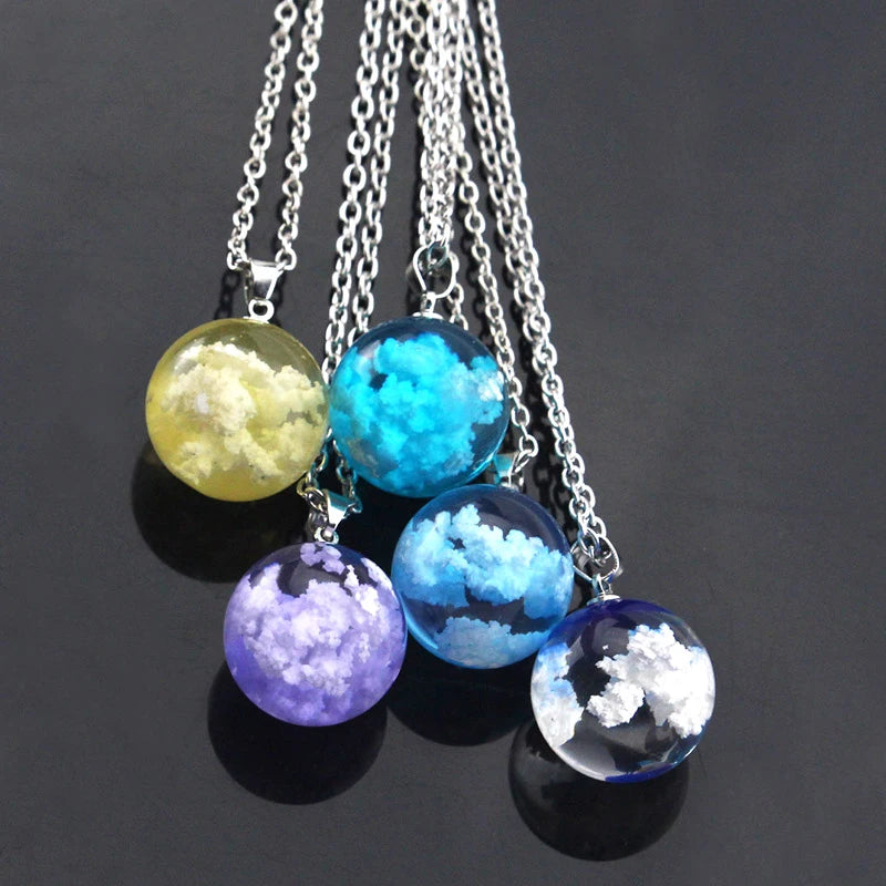 Transparent Resin Rould Ball Moon Pendant Necklace Women Blue Sky White Cloud Chain Necklace Fashion Jewelry Gifts Accessories