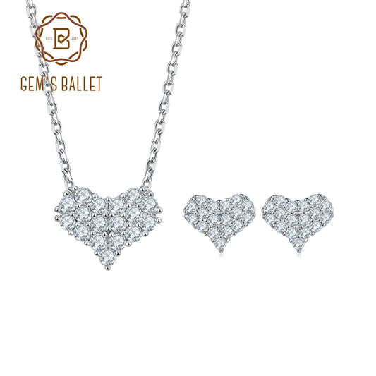 GEM'S BALLET 925 Sterling Silver Bridal Jewelry Set Moissanite Diamond Heart Pendant Necklace Earrings For Women Valentines Gift