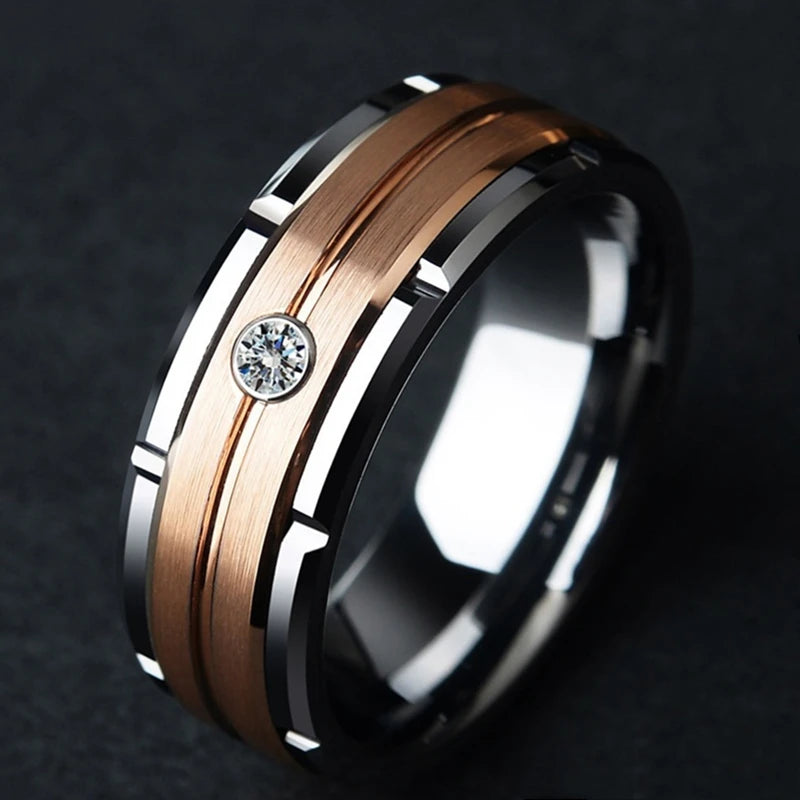 New Fashion 8mm Men's Double Groove Beveled Stainless Steel Ring Blue Brushed Inlay AAA Zircon Ring Men's Wedding Band Jewelry