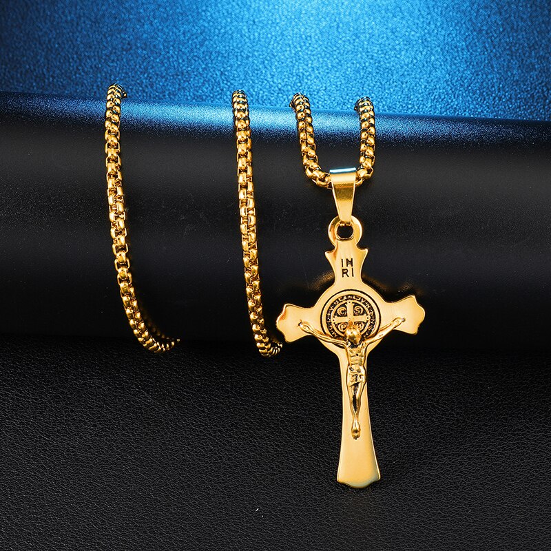 INRI Jesus Cross Necklaces Pendants Stainless Steel Exorcism St. Benedict Crucifix Necklace For Men Jewelry