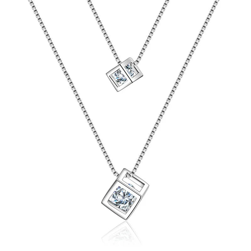 Luxury 925 Sterling Silver Necklace Double Chain Cube Zircon Pendants Link Women Wedding Party Accessory Lucky Jewelry Gift