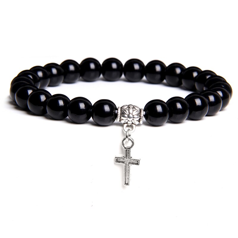 Natural Black Onyx Beads Bracelet Fashion Volcanic Lava Beaded Religion Cross Pendant Charm Bracelet for Women Men Yoga Jewelry Type 12