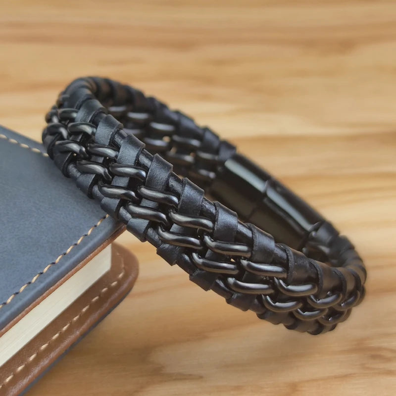 Genuine Leather Chain Bracelet for Men Magnetic Stainless Steel Clasp in Plated Gold Exclusive Jewellery Gift Wholesale Dropping