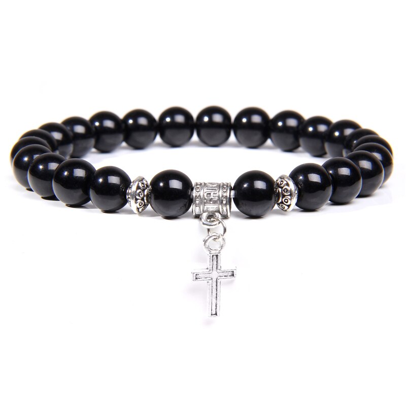 Natural Black Onyx Beads Bracelet Fashion Volcanic Lava Beaded Religion Cross Pendant Charm Bracelet for Women Men Yoga Jewelry Type 5