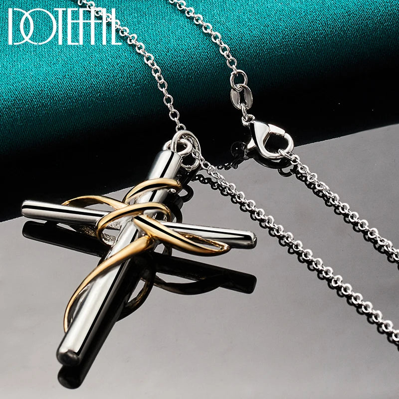 DOTEFFIL 925 Sterling Silver Gold Cross Pendant Necklace 18-30 Inch Chain For Woman Man Fashion Wedding Engagement Party Jewelry