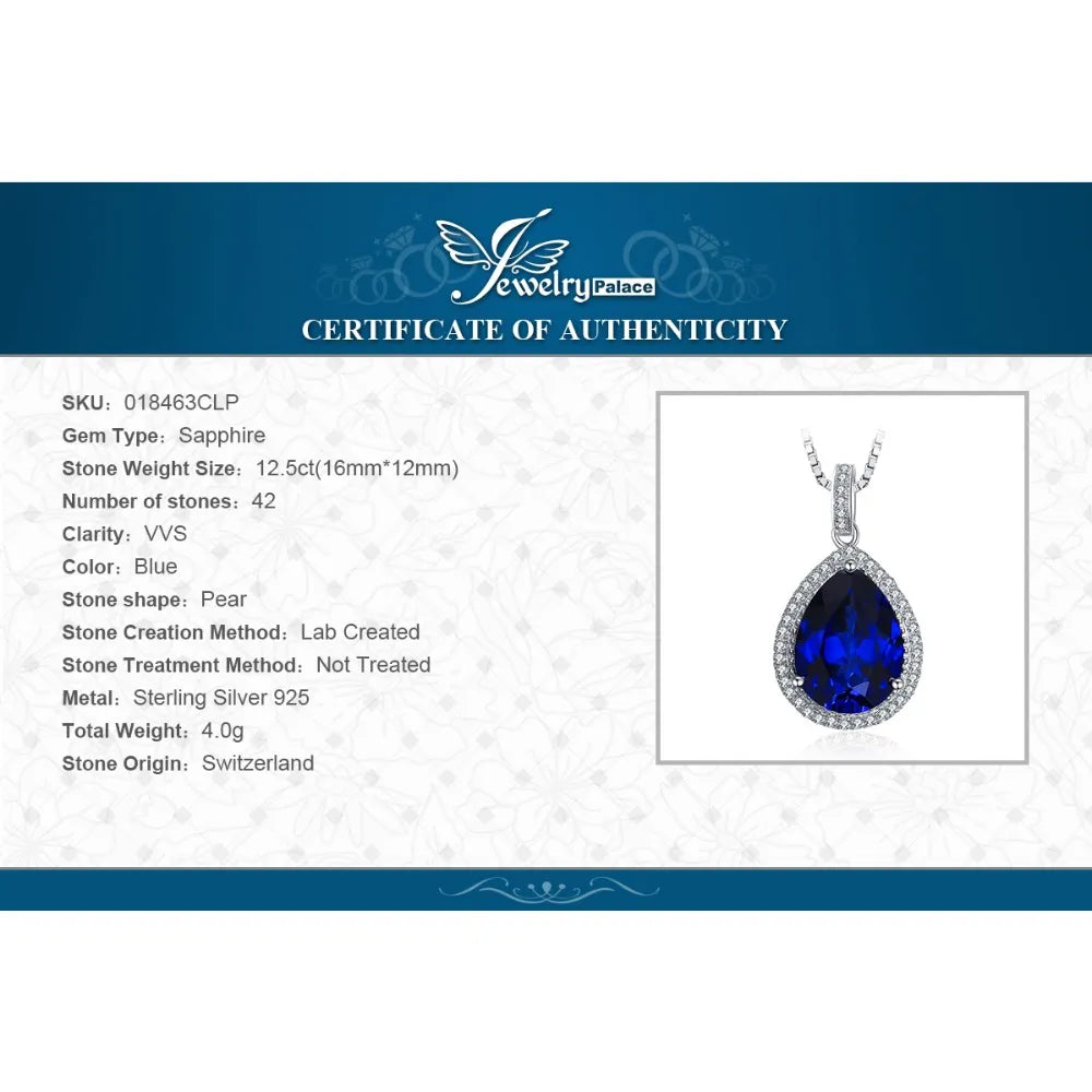 JewelryPalace 12ct Huge Created Blue Sapphire 925 Sterling Silver Pendant Necklace for Women Gemstone Choker Without Chain