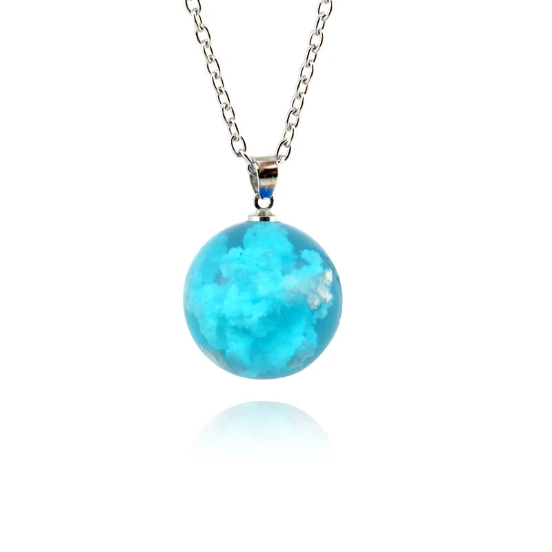 Transparent Resin Rould Ball Moon Pendant Necklace Women Blue Sky White Cloud Chain Necklace Fashion Jewelry Gifts Accessories Dark blue