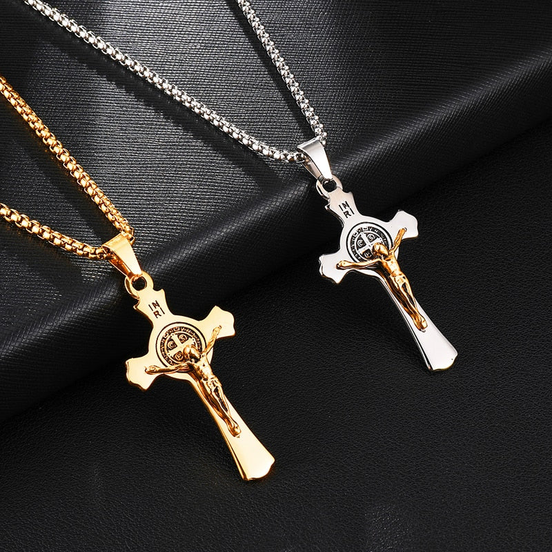 INRI Jesus Cross Necklaces Pendants Stainless Steel Exorcism St. Benedict Crucifix Necklace For Men Jewelry