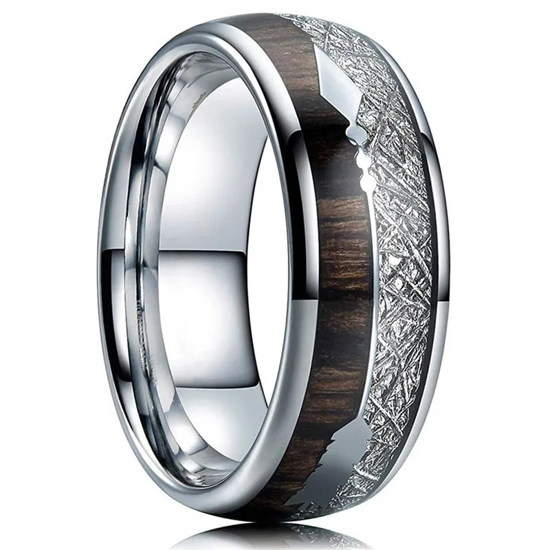Fashion 8mm Silver Color Stainless Steel Arrow Rings for Men Women Inlaid Hawaiian Koa Wood Rings Men Wedding Band Jewelry Gifts