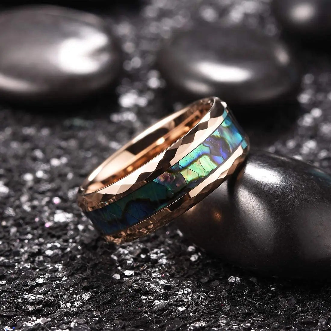 2025 Trendy 8mm Black Titanium Wedding Stainless Steel Rings For Men Inlay Colorful Abalone Shell Ring Men Wedding Band Jewelry