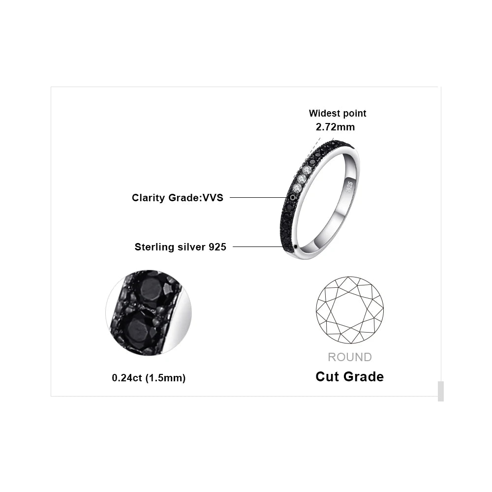 JewelryPalace Natural Black Spinel 925 Sterling Silver Band Wedding Engagement Ring for Women Trendy Gift Stackable Fine Jewelry