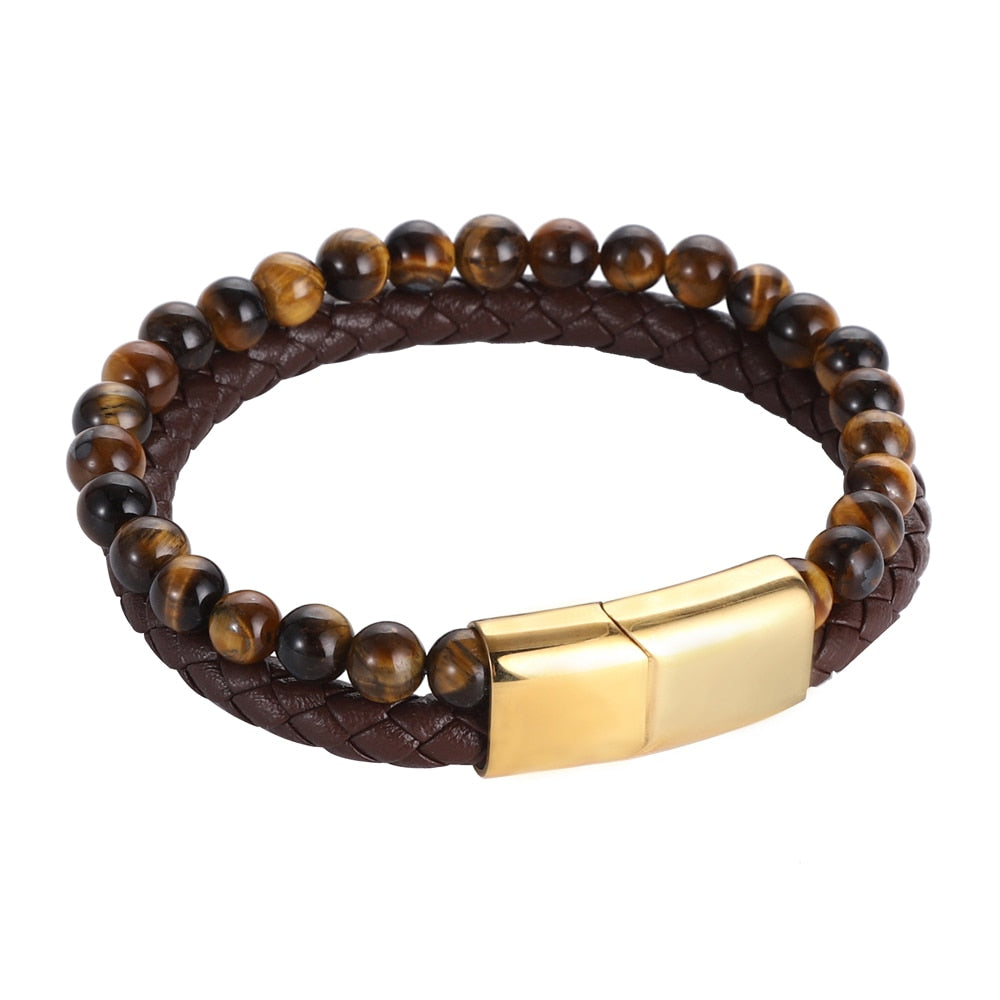 Men Yellow Tiger Eye Bracelet Many Styles Stainless Steel Magnetic Clasp Brown Genuine Leather Wrist Jewelry Handsome Boy Gifts Golden