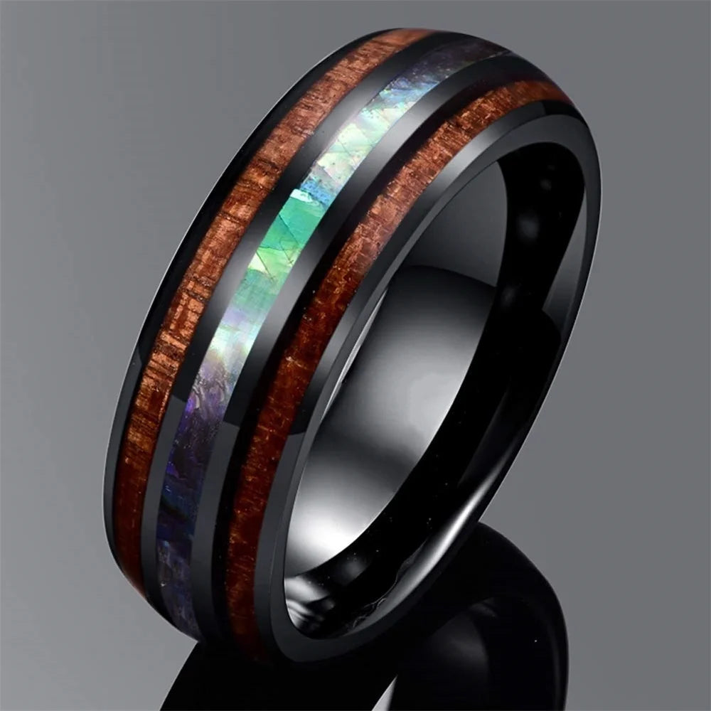 2025 Trendy 8mm Black Titanium Wedding Stainless Steel Rings For Men Inlay Colorful Abalone Shell Ring Men Wedding Band Jewelry