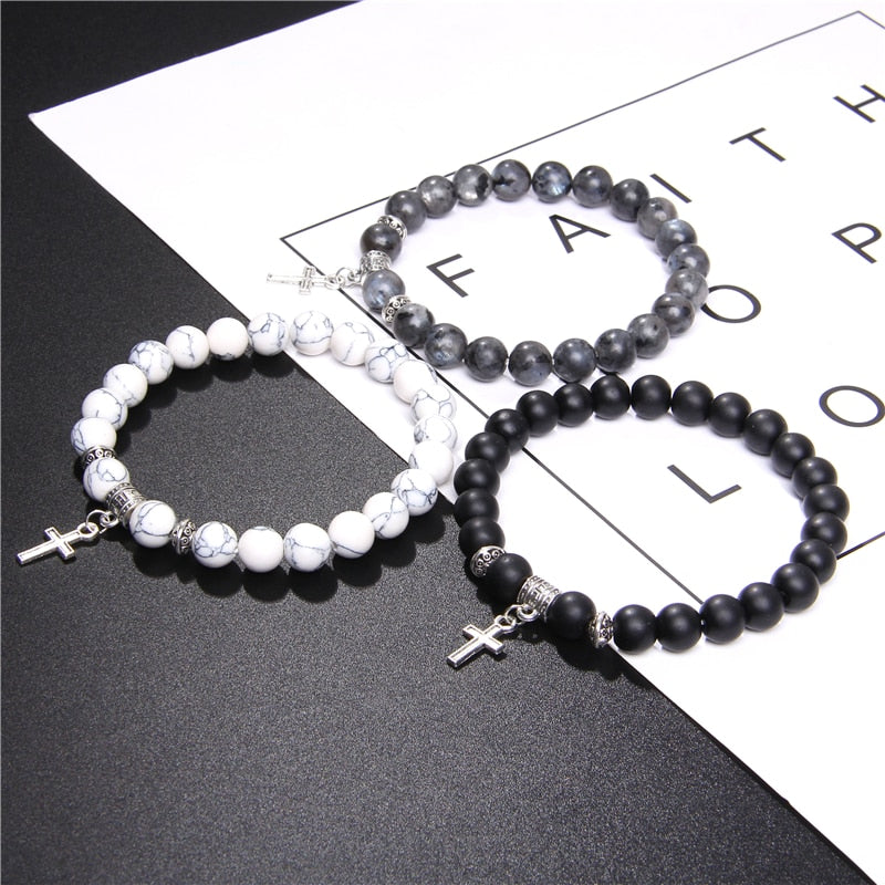 Natural Black Onyx Beads Bracelet Fashion Volcanic Lava Beaded Religion Cross Pendant Charm Bracelet for Women Men Yoga Jewelry
