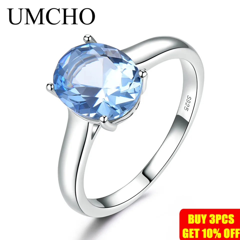 UMCHO Genuine 925 Sterling Silver Rings for Women Blue Topaz Gemstone Engagement Wedding Ring Birthstone Romantic Fine Jewelry