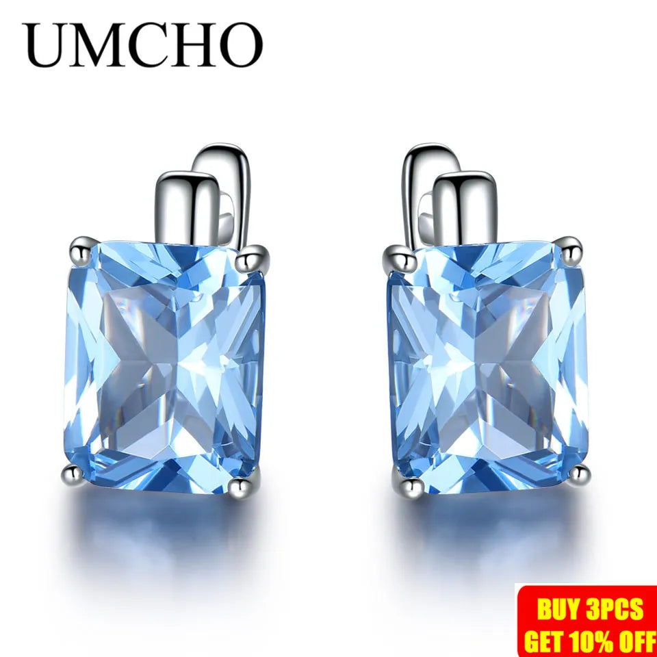 UMCHO Luxury 8.0ct Sky Blue Topaz Gemstone Jewelry Solid 925 Sterling Silver Clip On Earrings For Women Birthday Gift Fashion