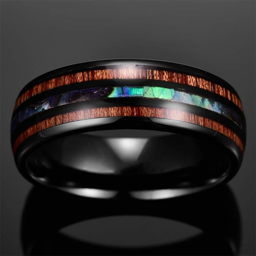 2025 Trendy 8mm Black Titanium Wedding Stainless Steel Rings For Men Inlay Colorful Abalone Shell Ring Men Wedding Band Jewelry