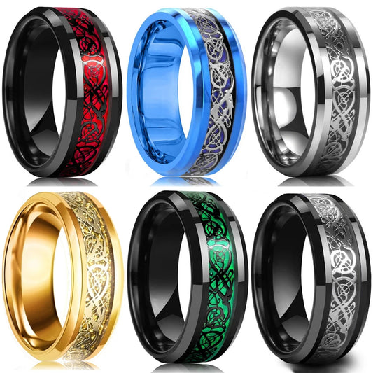 21 Colors 8mm Men's Stainless Steel Celtic Dragon Ring Inlay Red Green Black Carbon Fiber Ring Wedding Band Jewelry Size 6-13