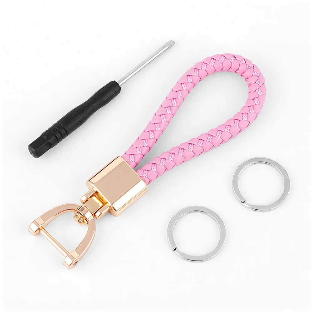 High-Grade Keychain for Men Women Rotatable Key Chain Luxury Hand Woven Leather Horseshoe Buckle Car Key Ring Holder Accessories Light pink -G