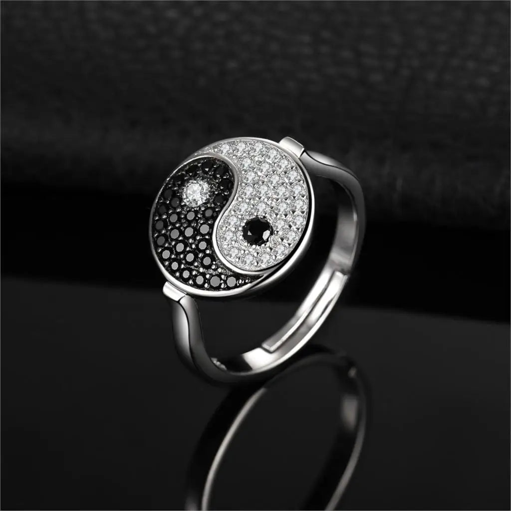 JewelryPalace Tai Chi Yin Yang 925 Sterling Silver Adjustable Ring Unique Genuine Black Spinel Statement Open Rings for Women