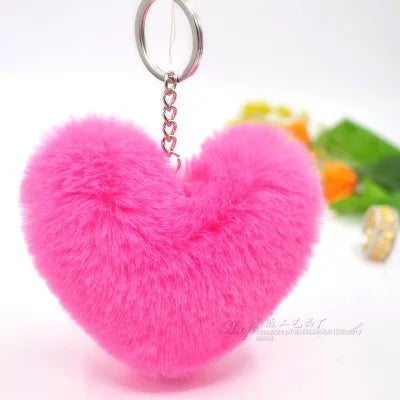 Fluffy pompom Keychain Gifts for Women Soft Heart Shape Pompon Fake Rabbit Key Chain Ball Car Bag Accessories Key Ring HJ-4
