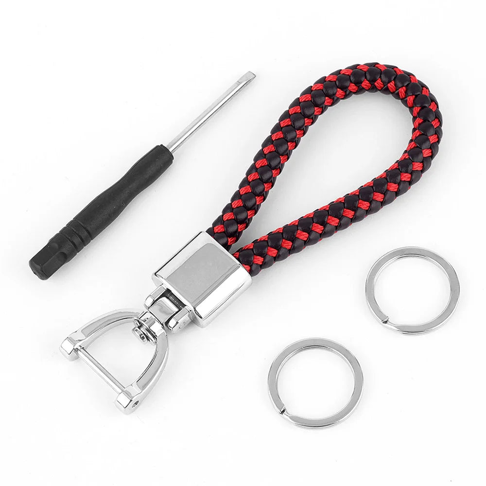High-Grade Keychain for Men Women Rotatable Key Chain Luxury Hand Woven Leather Horseshoe Buckle Car Key Ring Holder Accessories Black Red-S