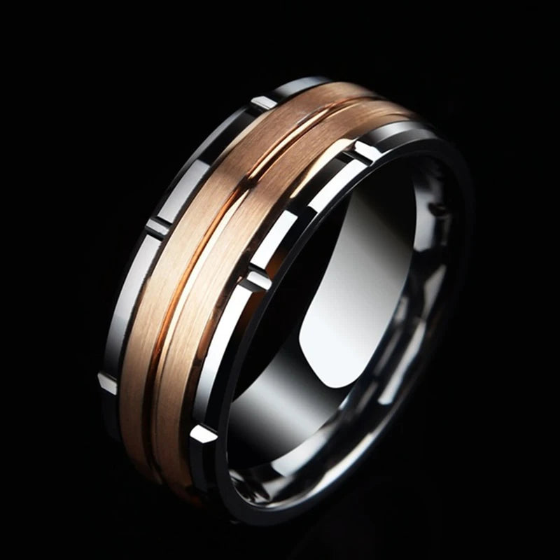 Fashion 8mm Men's Double Groove Beveled Steel Ring Rose Gold Color Brushed Inlay AAA Zircon Ring Men's Wedding Band Jewelry Gift