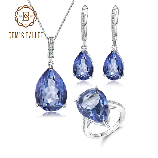 GEM'S BALLET 925 Sterling Silver Gemstone Bridal Jewelry Sets Natural Mystic Quartz Pendant Ring Earrings Set For Women Wedding CHINA 45cm