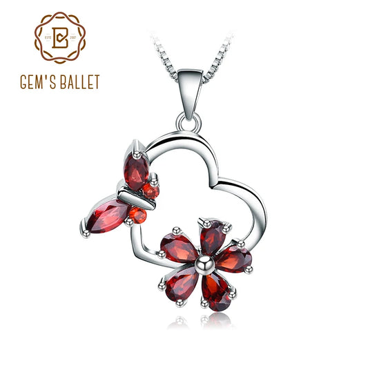 GEM'S BALLET Solid 585 14K 10K 18K Gold 925 Silver Pendant Butterfly Flowers Necklace With Natural Garnet For Women Sweet Gift