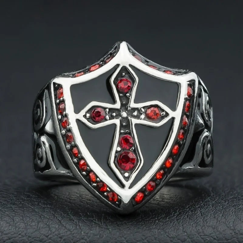 Fashion Personality Templar Knight Red Shield Cross Ring for Men High Quality Metal Ring Trend Jewelry A2532-Red