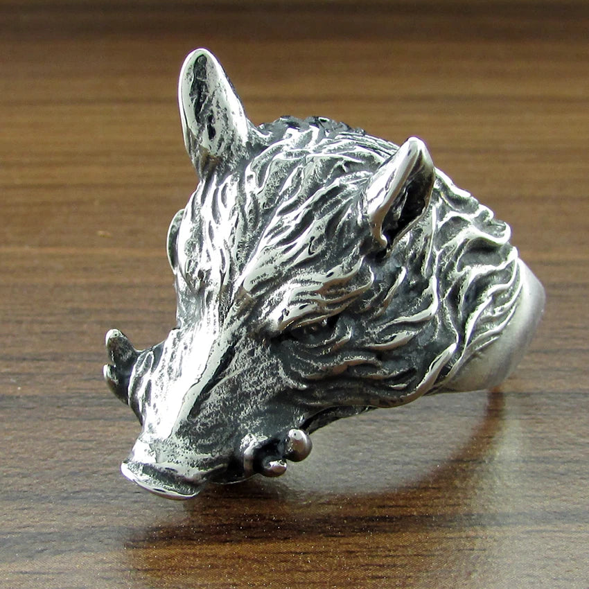 Punk Silver Color 316L Stainless Steel  Men's Wild Boar Head Ring Animal Jewelry For Gift