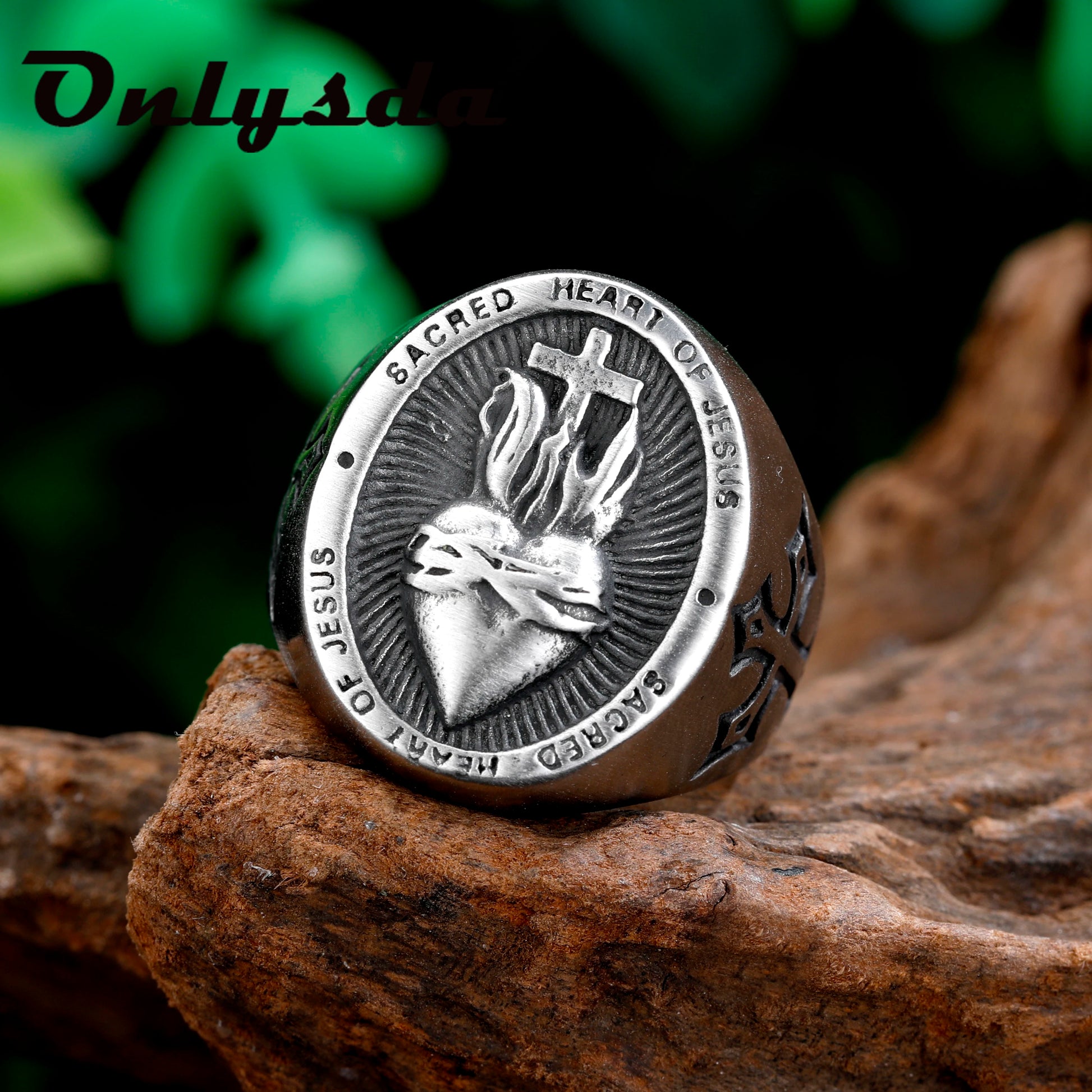 Vintage Dropshipping Stainless Steel Ladies Mens Biker Punk Sacred Heart Of Jesus God Ring Cross Amulet Jewelry For Man Gift