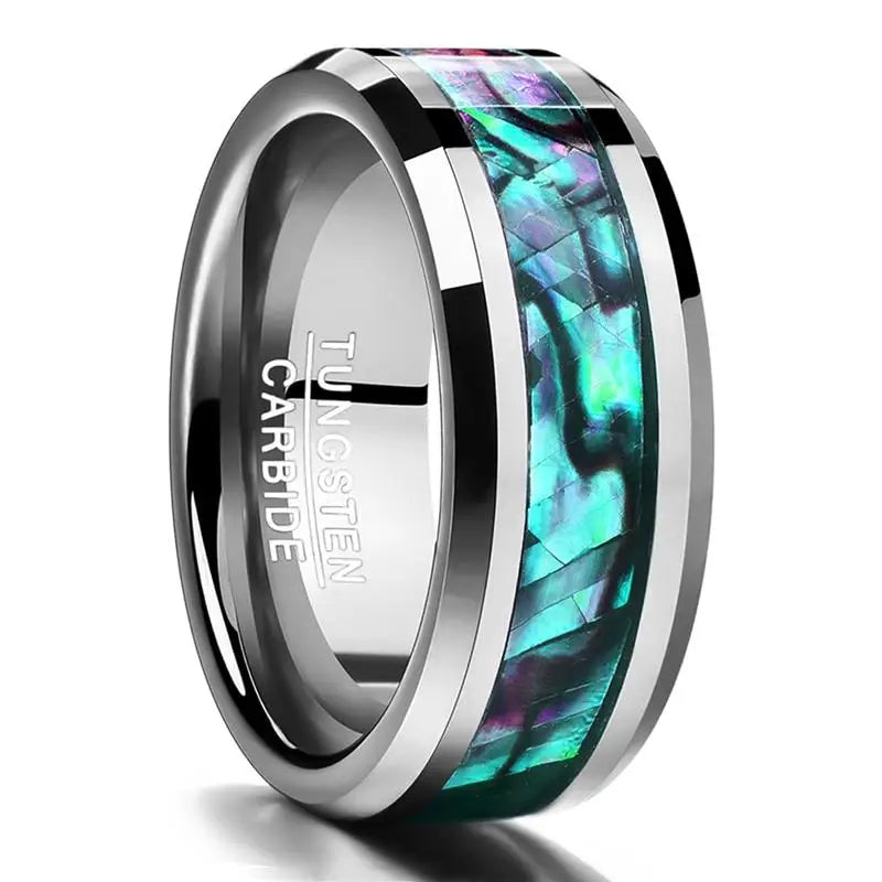 2025 Trendy 8mm Black Titanium Wedding Stainless Steel Rings For Men Inlay Colorful Abalone Shell Ring Men Wedding Band Jewelry