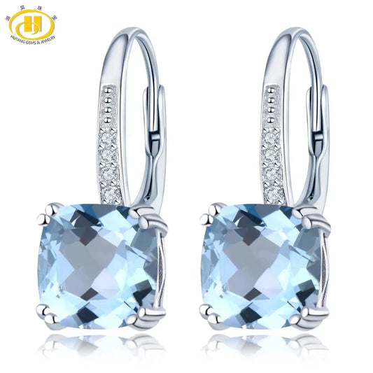 Hutang 5.86ct Blue Topaz Women's Drop Earrings, Natural Gemstone 925 Sterling Silver Fine Elegant Classic Jewelry for Gift