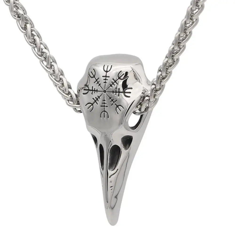 Retro Viking Compass Symbol Crow Head Eagle Beak Necklace for Men Women Vintage Trendy Punk Necklace Cool Metal Accessories 60cm Metal chain