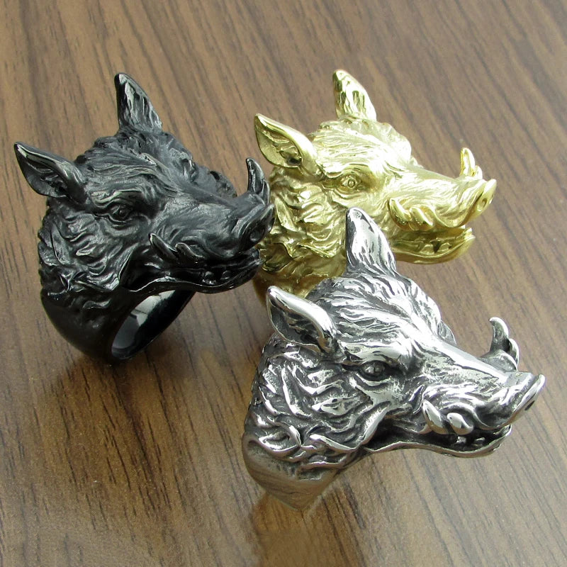 Punk Silver Color 316L Stainless Steel  Men's Wild Boar Head Ring Animal Jewelry For Gift