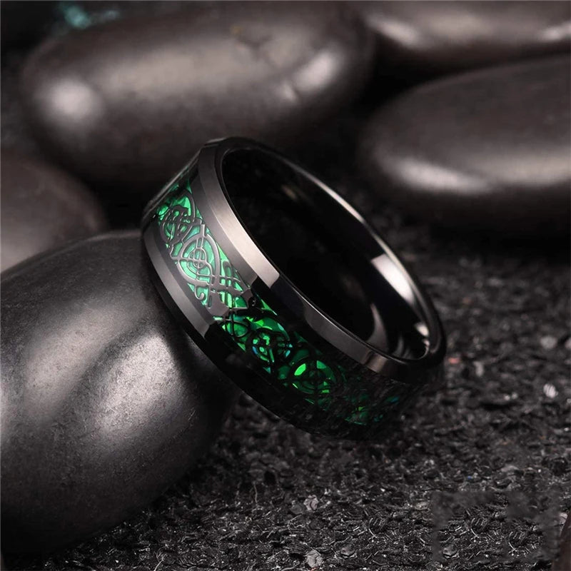 21 Colors 8mm Men's Stainless Steel Celtic Dragon Ring Inlay Red Green Black Carbon Fiber Ring Wedding Band Jewelry Size 6-13