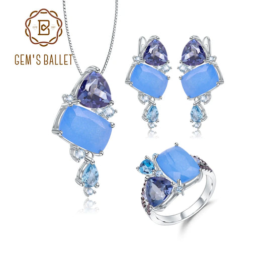 GEM'S BALLET Natural Aqua-blue Calcedony Candy Fine Jewelry 925 Sterling Silver Ring Earrings Pendant Jewelry Sets For Women CHINA