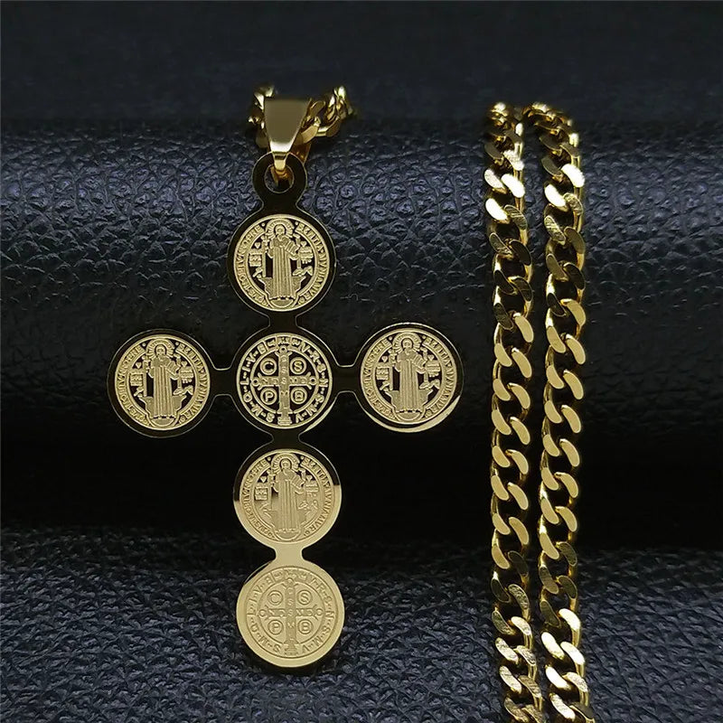 2026 Fashion Stainless Steel Cross Necklace for Women Men Saint Benedict Gold Color Necklaces Jewelry Gifts Collar Cruz N3450S05