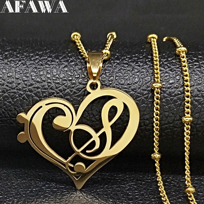 Fashion Music Note Heart of Treble and Bass Clef Stainless Steel Necklace Women/Men Gold Color Necklaces Jewelry colgantes N1147 Note 50cm JZP GD