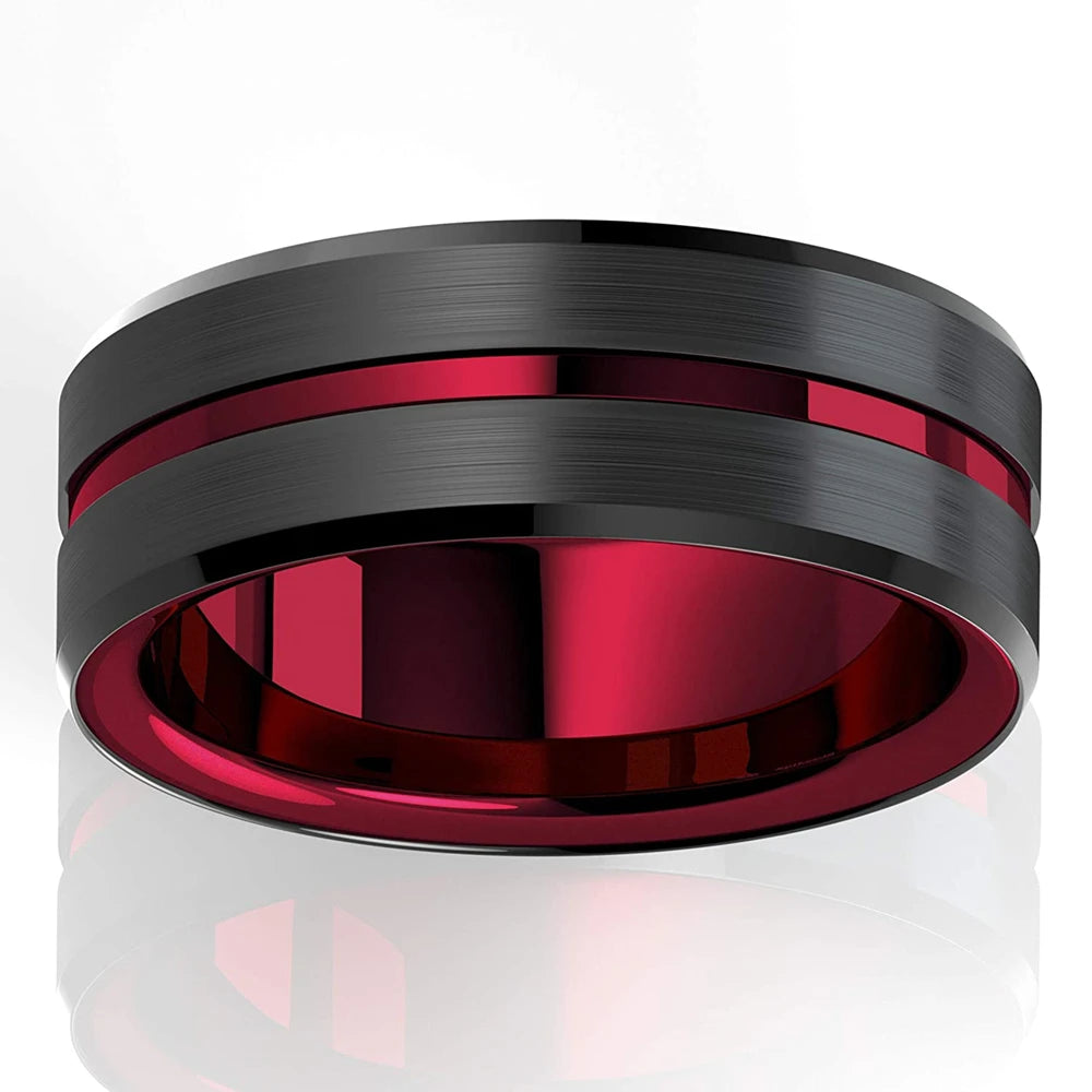Fashion 8MM Men's Stainless Steel Rings Blue Red Colorful Groove Beveled Edge Wedding Engagement Ring Men's Anniversary Jewelry
