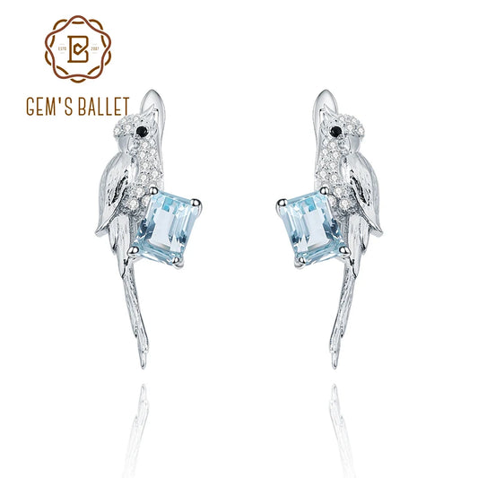 GEM'S BALLET 925 Sterling Silver Statement Earrings Natural Blue Topaz Gemstone Handmade Bird Animal Drop Earrings For Women