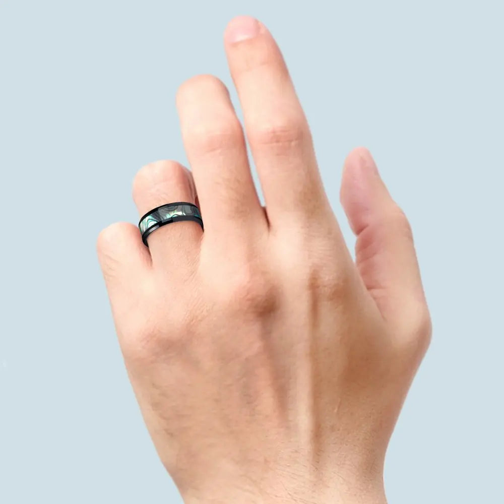 Fashion 8mm Men's Black Stainless Steel Ring Colorful Abalone Shell Inlay Beveled Edged Titanium Ring Men's Wedding Band